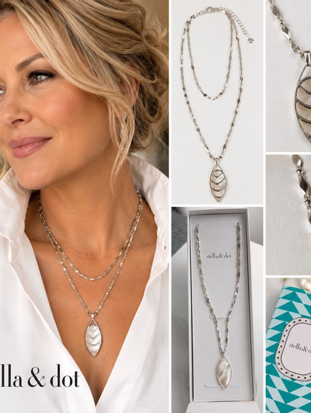 Stella & Dot Silver Leaf Mother-of-Pearl Pendant Necklace